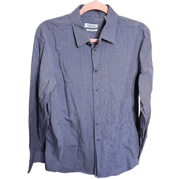 Calvin Klein Slim Fit Stretch blue white stripe long sleeve 16-34/35 - Picture 1 of 3